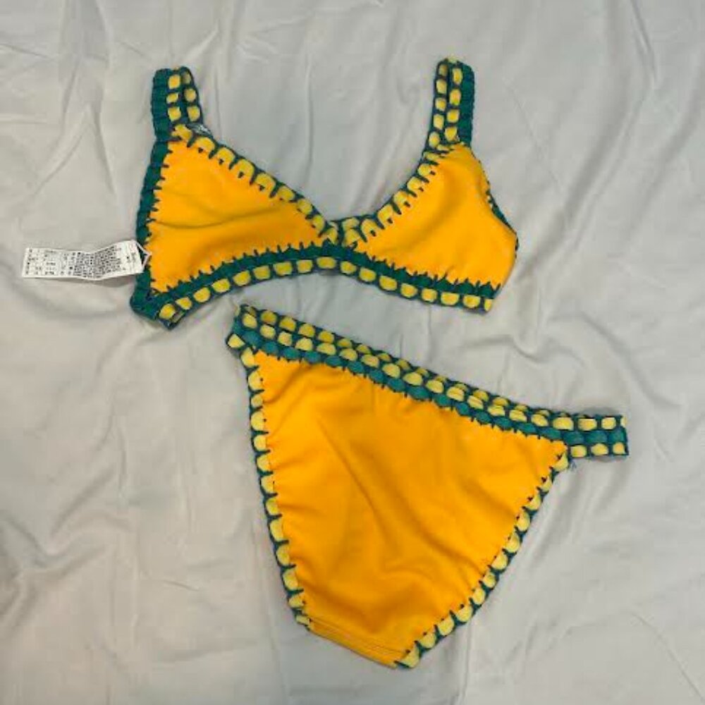 yellow , green , and blue bikini